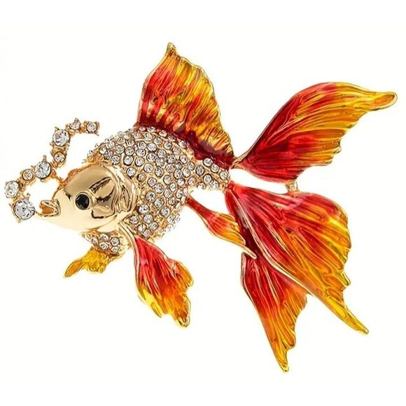 Gold Fish Koi Brooch Pin Rhinestones Orange 2" x 1.9" - Picture 3 of 4